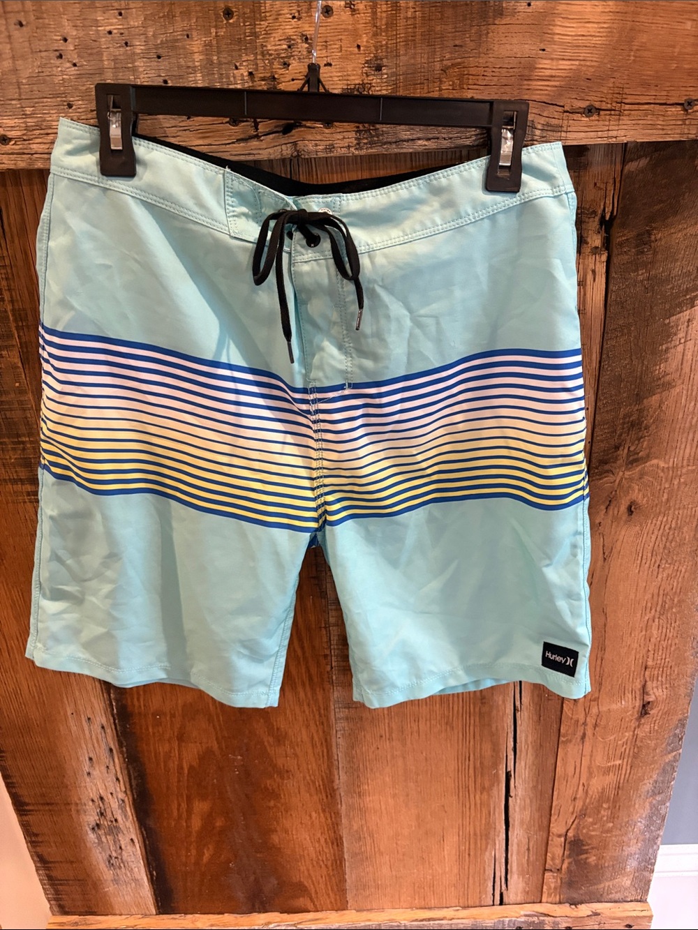 Hurley Light Aqua Board Shorts with Blue and Yellow Stripes